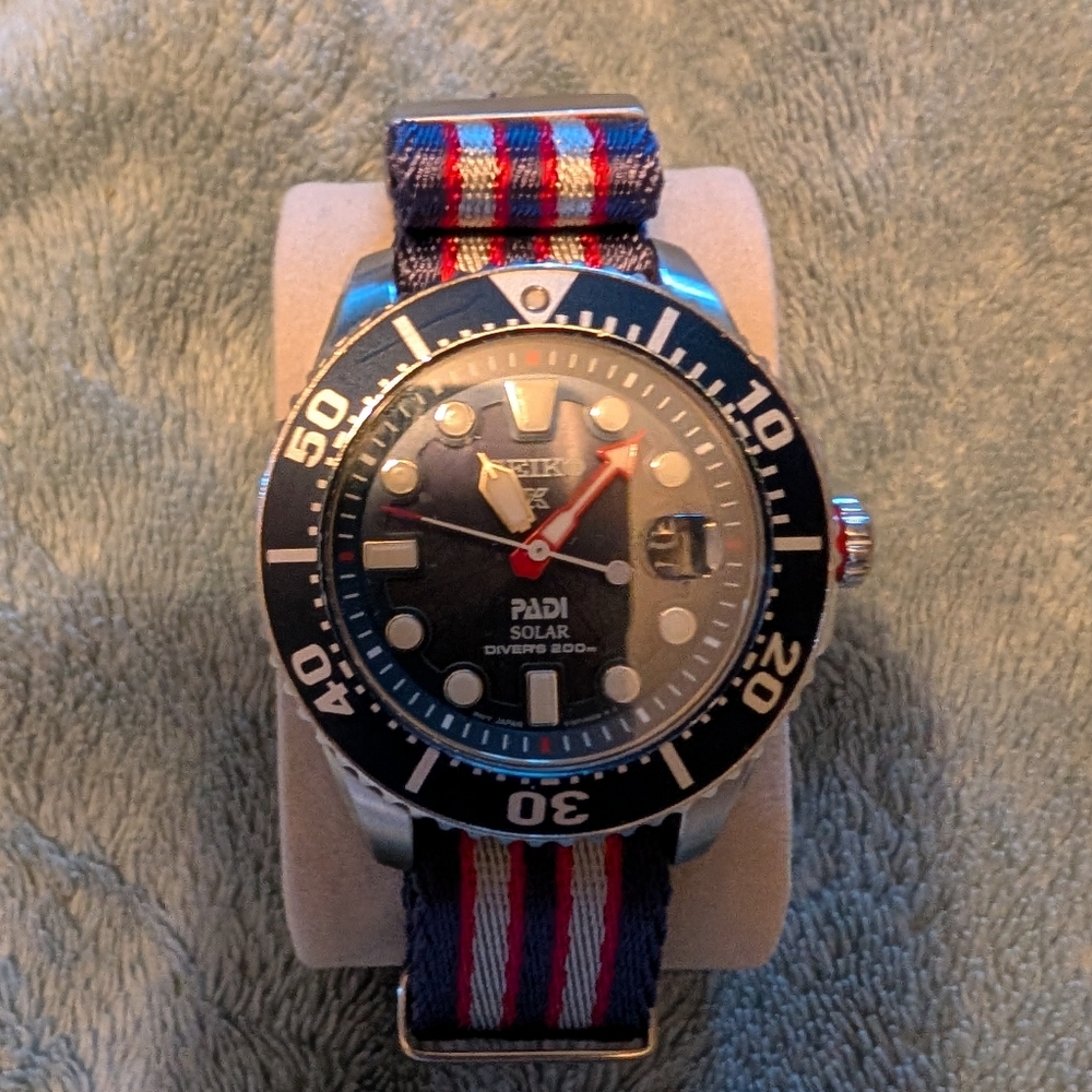 Seiko PADI Solar Diver's Watch with Bold Striped Strap